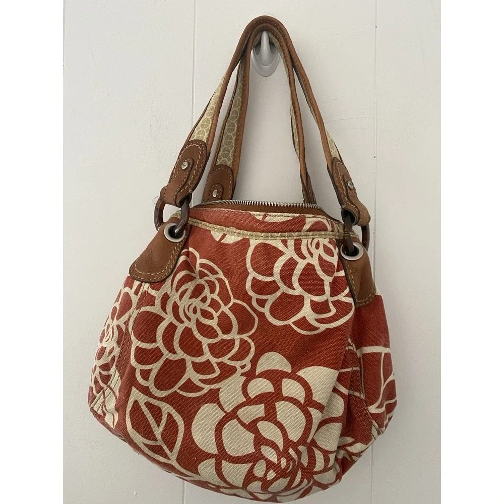 Vintage Fossil Red Floral Canvas Hobo Shoulder Bag